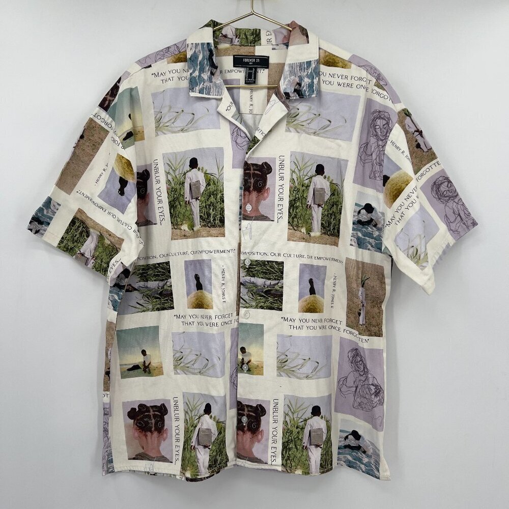 Forever 21 Men Graphic Collage Short Sleeve Button-Up Shirt Size XL